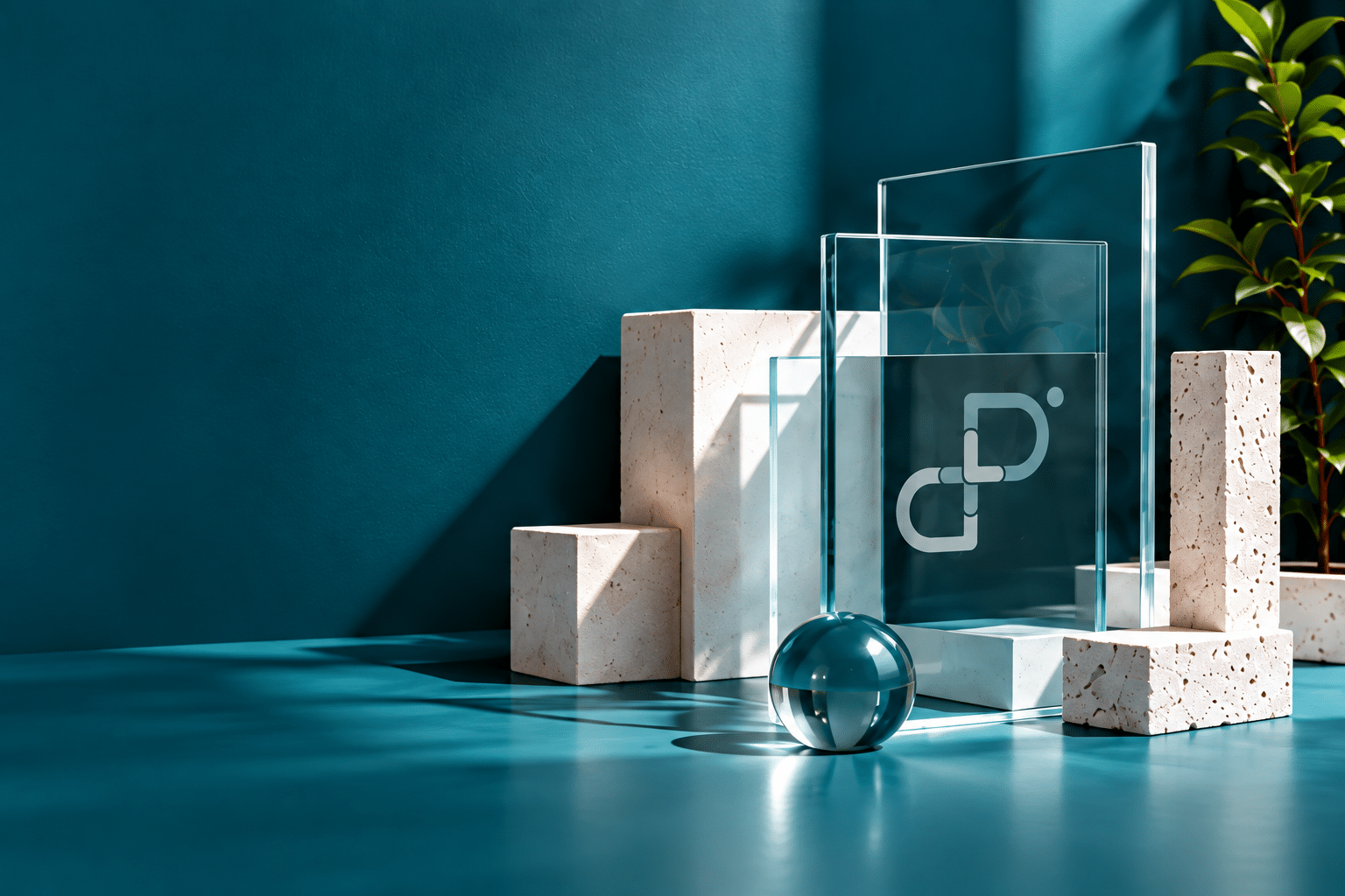Glass panels, limestone blocks and a teal glass sphere