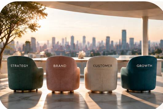 Four chairs labelled Strategy, Brand, Customer and Growth overlooking a city skyline.